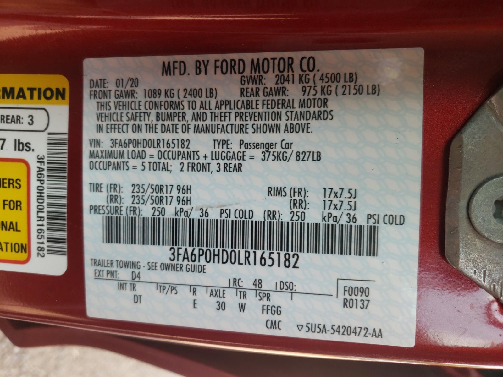 Photo 10 from auction – 2020 FORD FUSION SE with VIN 3FA6P0HD0LR165182