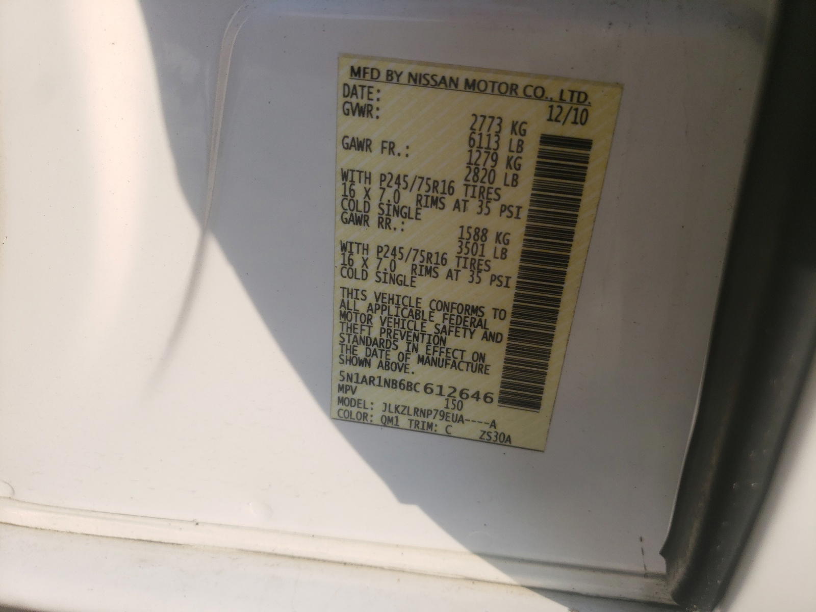 Photo 10 from auction – 2011 NISSAN PATHFINDER with VIN 5N1AR1NB6BC612646