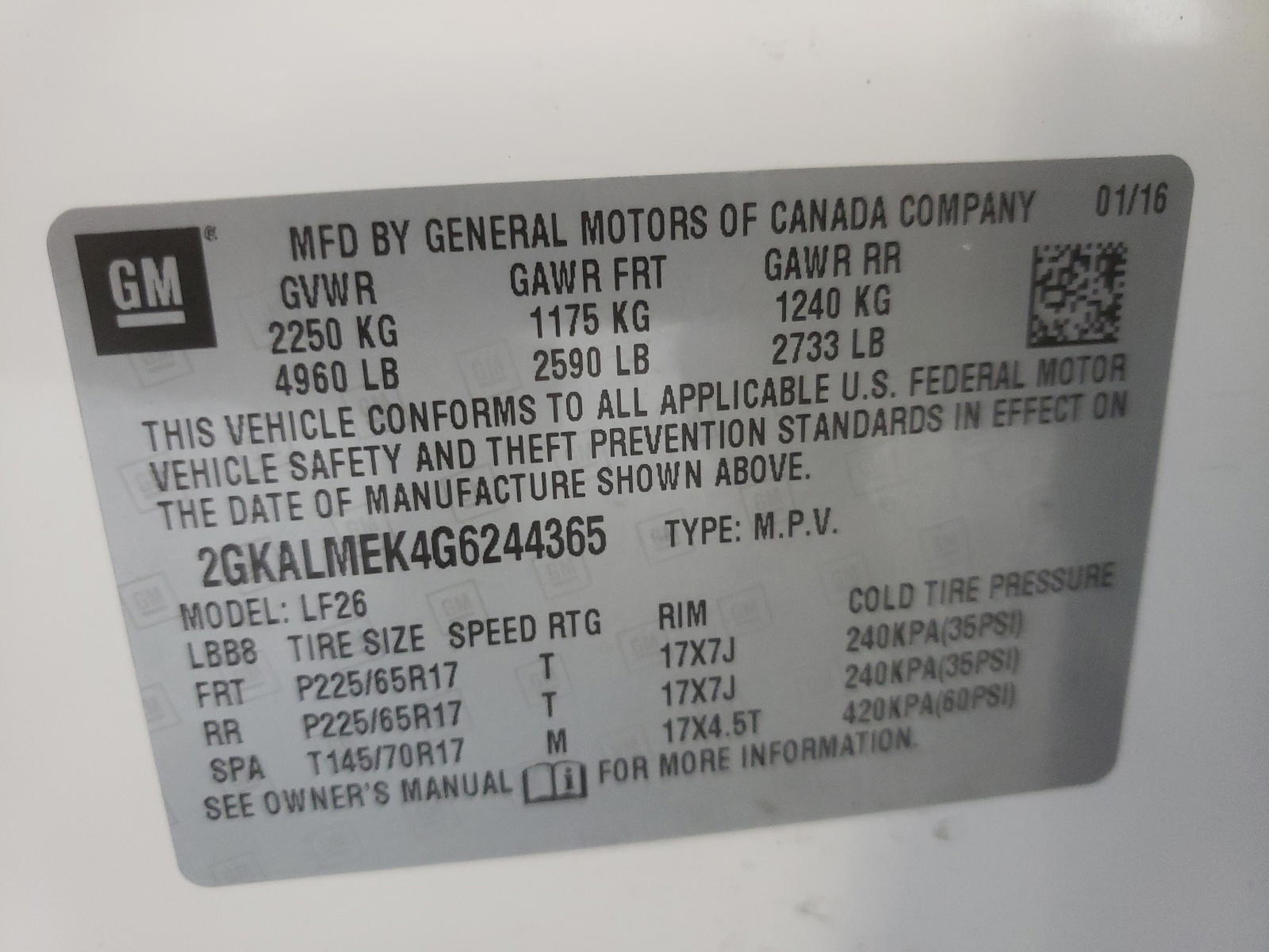 Photo 10 from auction – 2016 GMC TERRAIN SL with VIN 2GKALMEK4G6244365