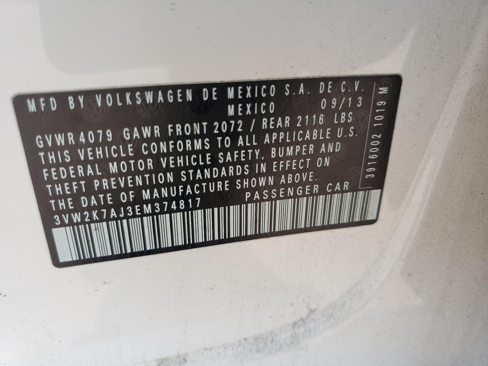 Photo 10 from auction – 2014 VOLKSWAGEN JETTA BASE with VIN 3VW2K7AJ3EM374817