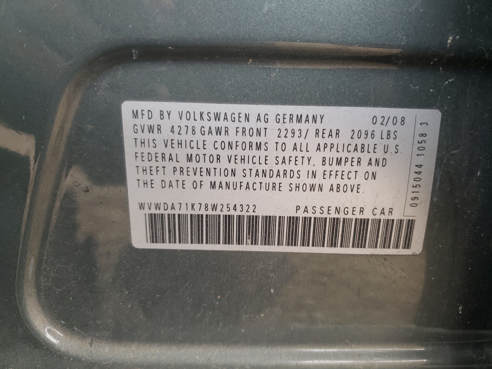 Photo 10 from auction – 2008 VOLKSWAGEN RABBIT with VIN WVWDA71K78W254322