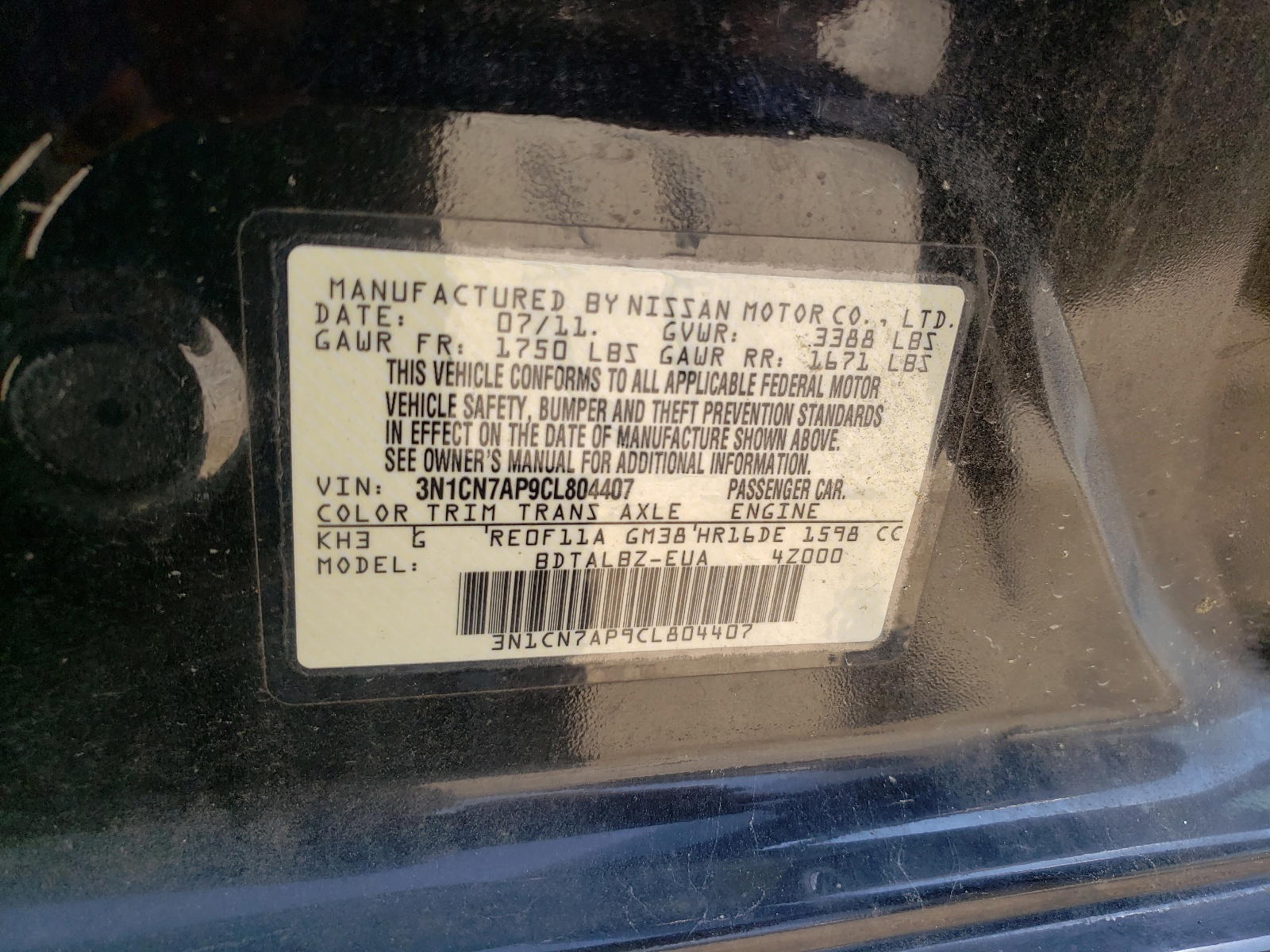 Photo 10 from auction – 2012 NISSAN VERSA S with VIN 3N1CN7AP9CL804407