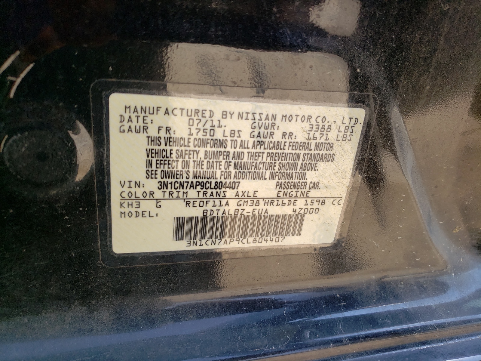 Zdjęcie 10 z aukcji – 2012 NISSAN VERSA S z VIN 3N1CN7AP9CL804407