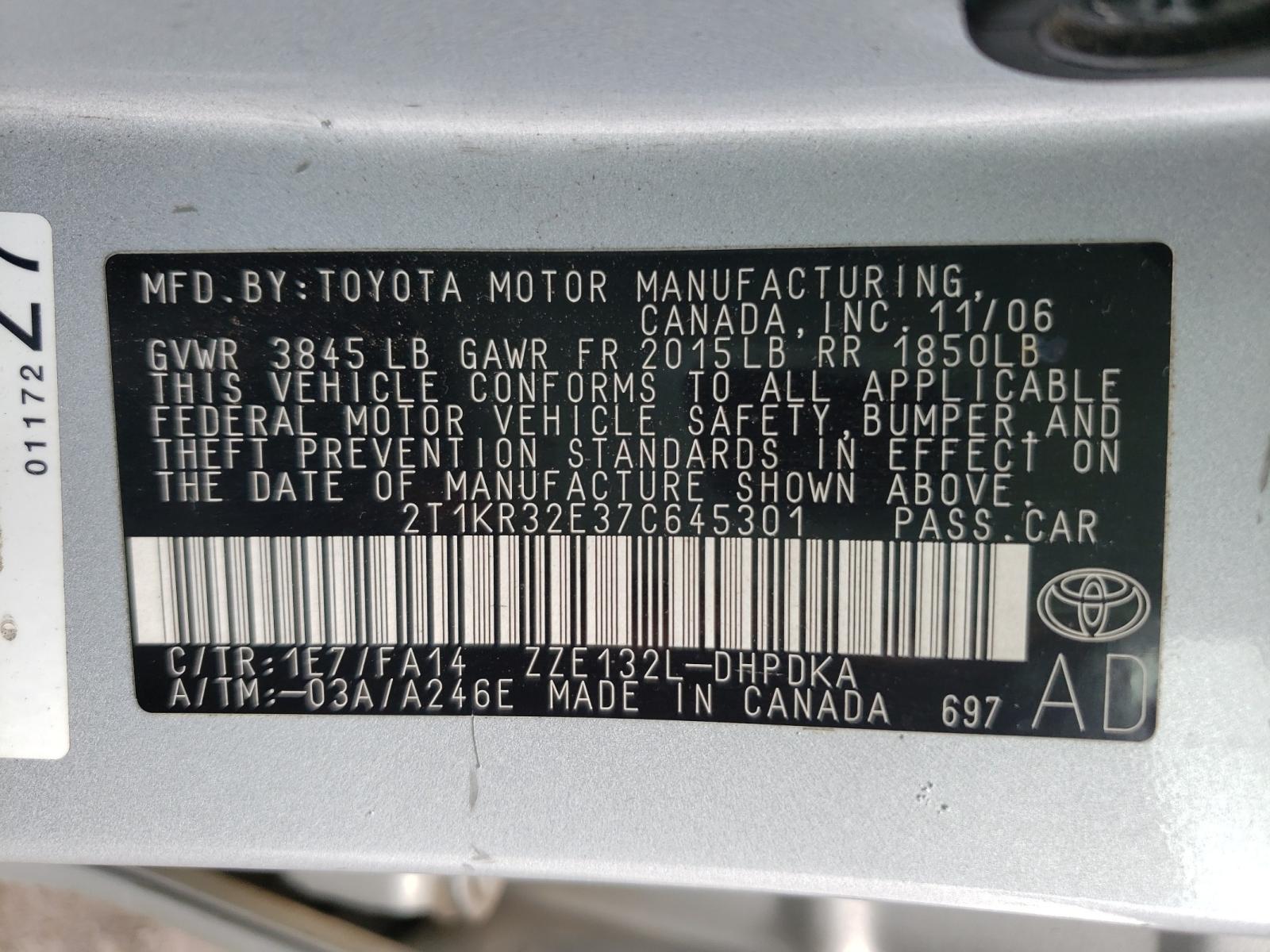 Photo 10 from auction – 2007 TOYOTA COROLLA MA with VIN 2T1KR32E37C645301