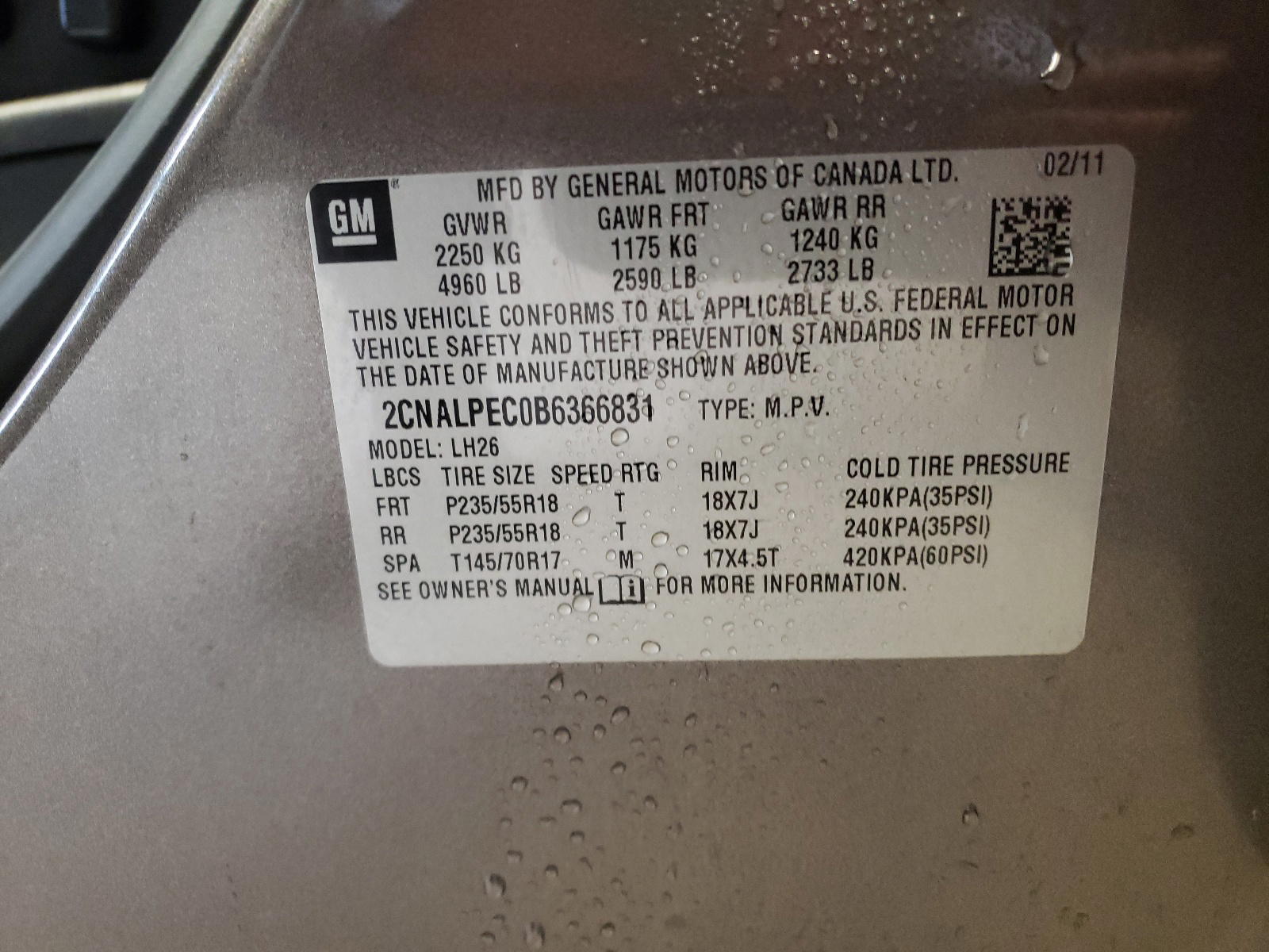 Photo 10 from auction – 2011 CHEVROLET EQUINOX LT with VIN 2CNALPEC0B6366831