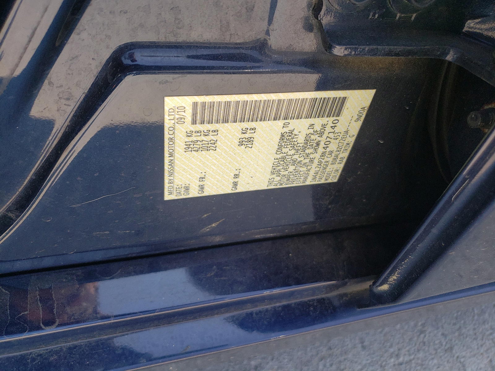 Photo 10 from auction – 2011 NISSAN ALTIMA BAS with VIN 1N4AL2AP2BN407140