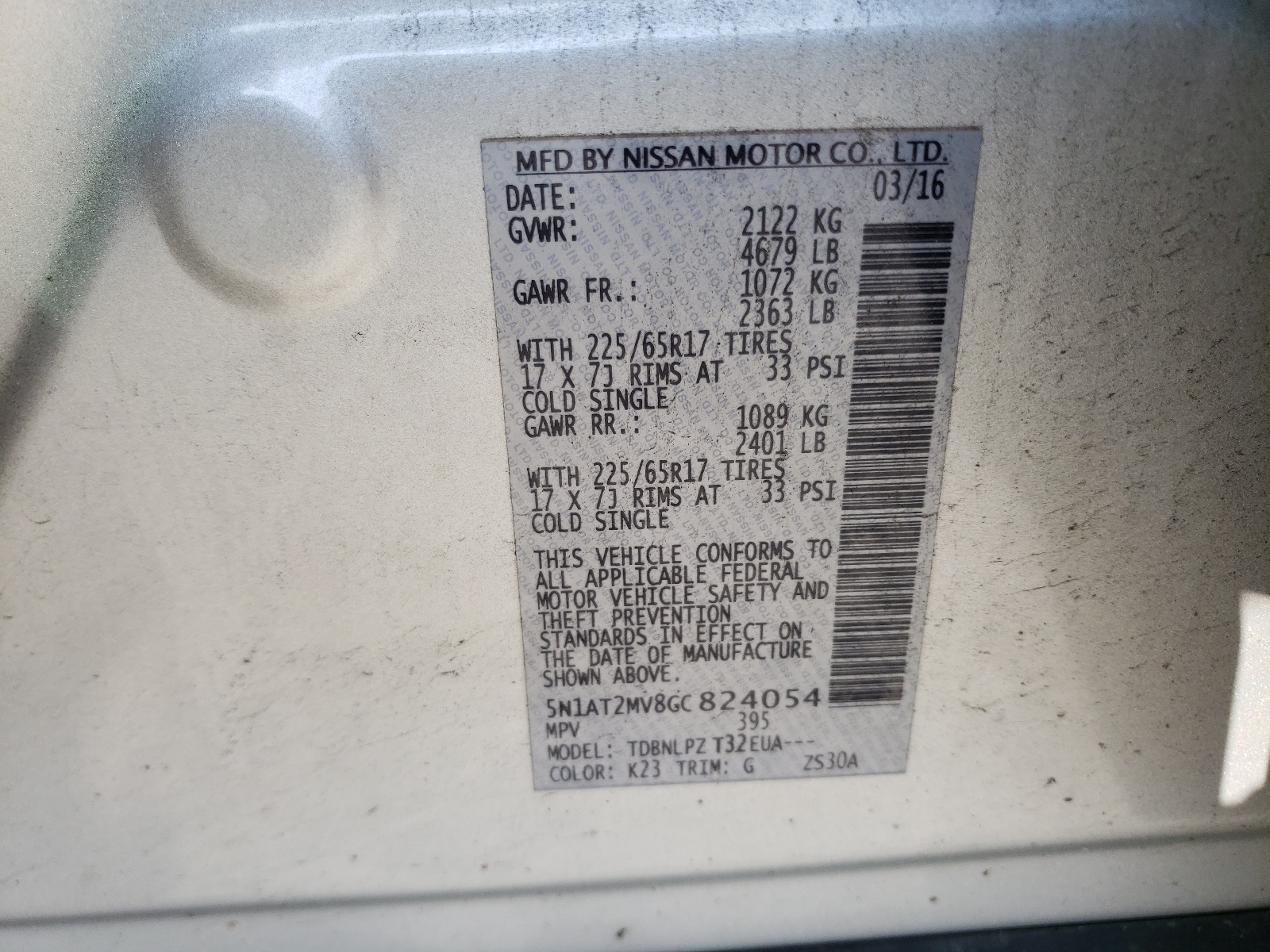 Photo 10 from auction – 2016 NISSAN ROGUE S with VIN 5N1AT2MV8GC824054