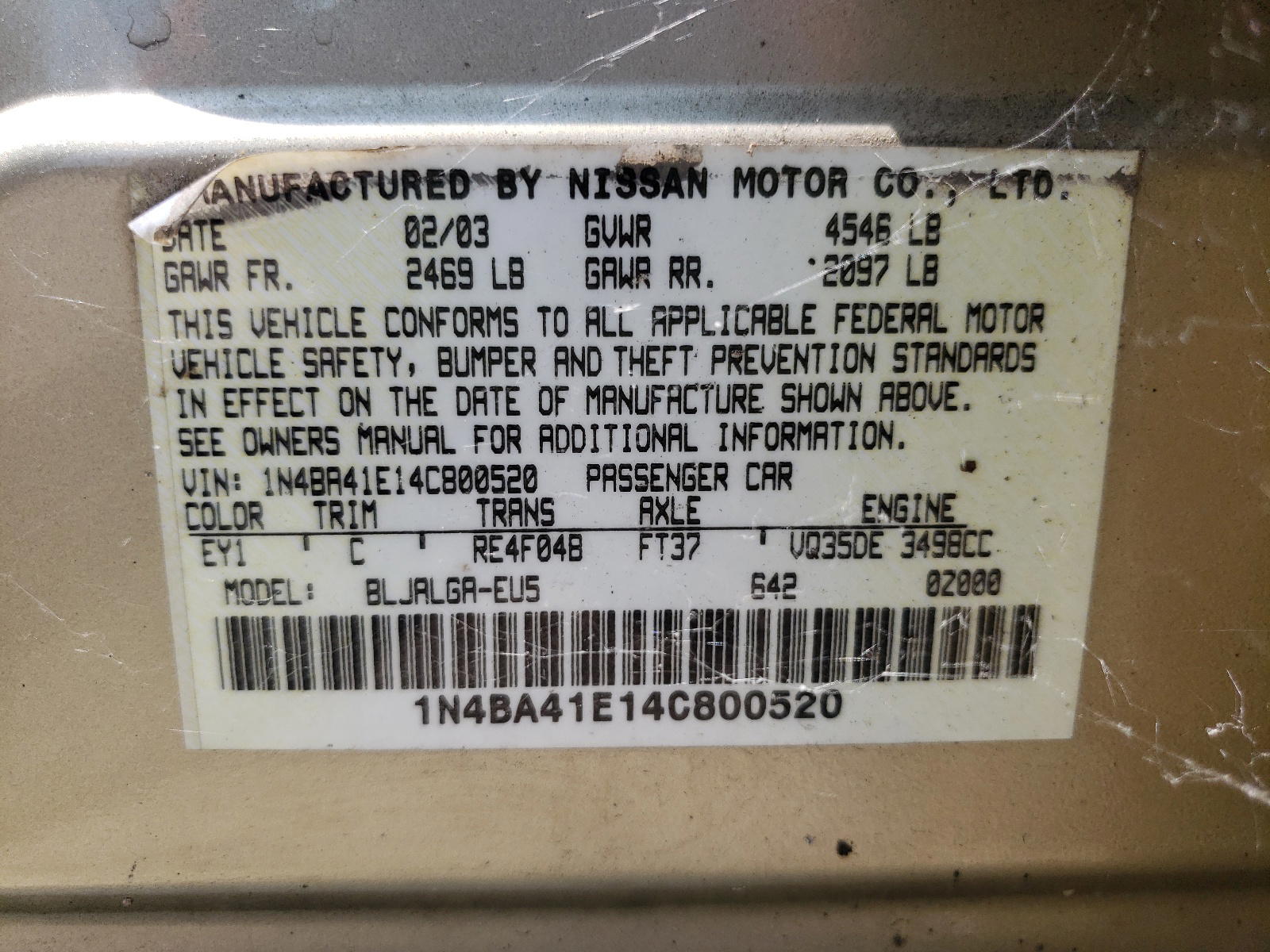 Photo 10 from auction – 2004 NISSAN MAXIMA SE with VIN 1N4BA41E14C800520