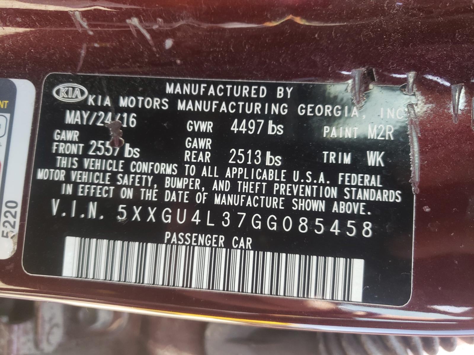 Photo 10 from auction – 2016 KIA OPTIMA EX with VIN 5XXGU4L37GG085458