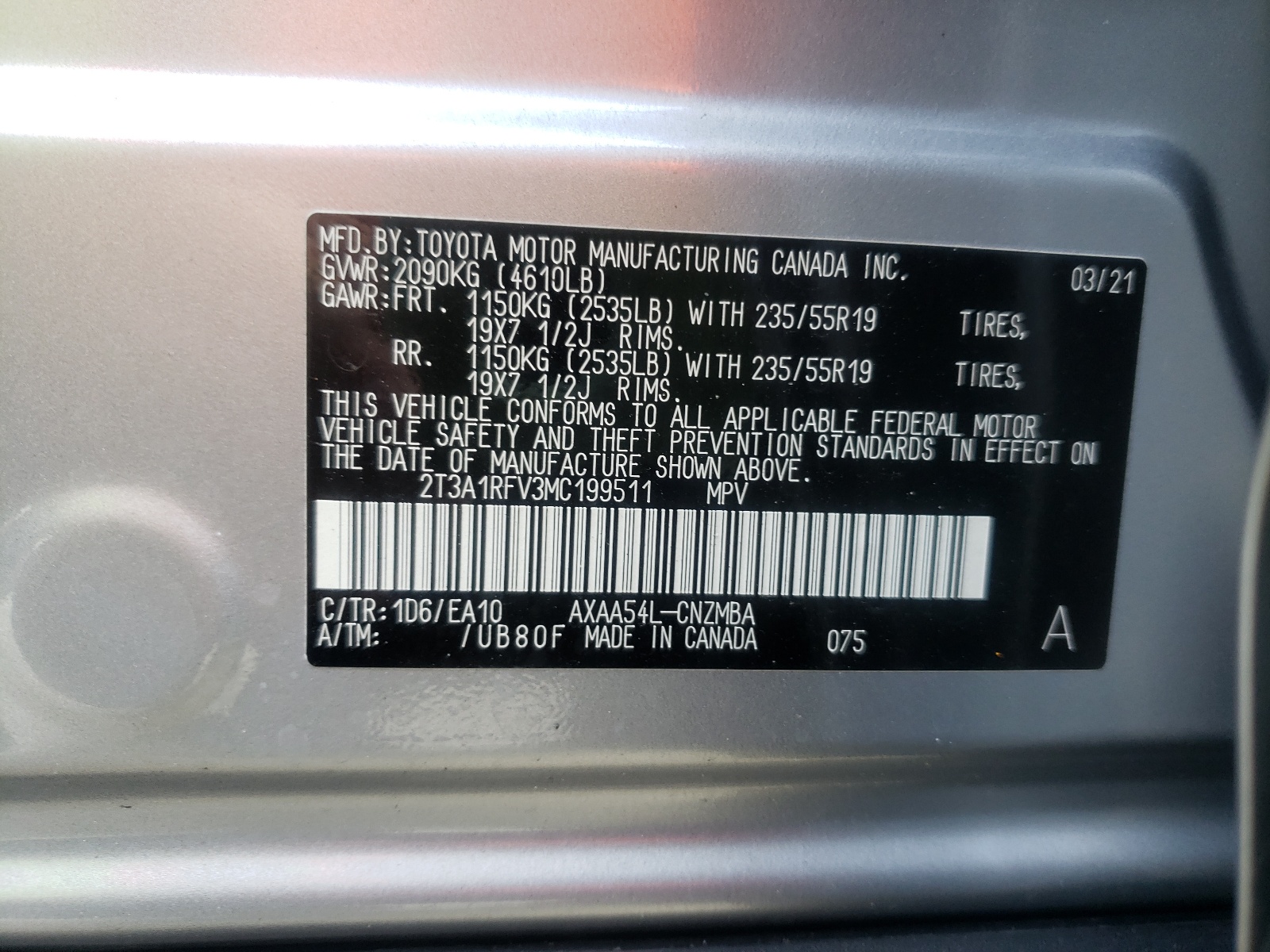 Photo 10 from auction – 2021 TOYOTA RAV4 XLE P with VIN 2T3A1RFV3MC199511