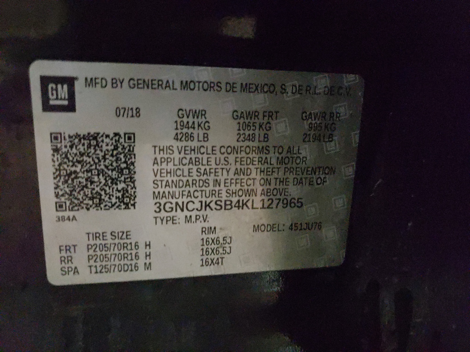 Photo 10 from auction – 2019 CHEVROLET TRAX LS with VIN 3GNCJKSB4KL127965