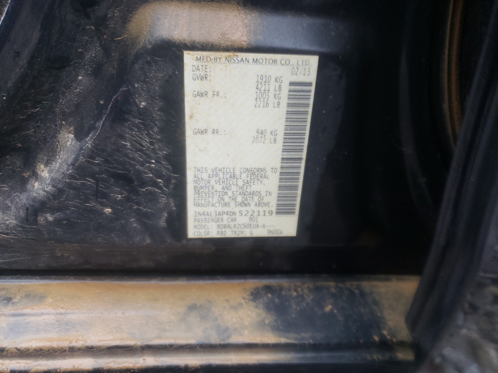 Photo 10 from auction – 2013 NISSAN ALTIMA 2.5 with VIN 1N4AL3AP4DN522119