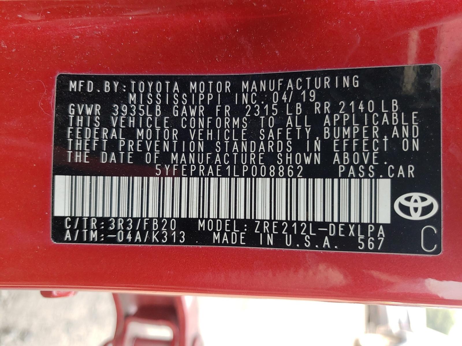 Photo 10 from auction – 2020 TOYOTA COROLLA LE with VIN 5YFEPRAE1LP008862