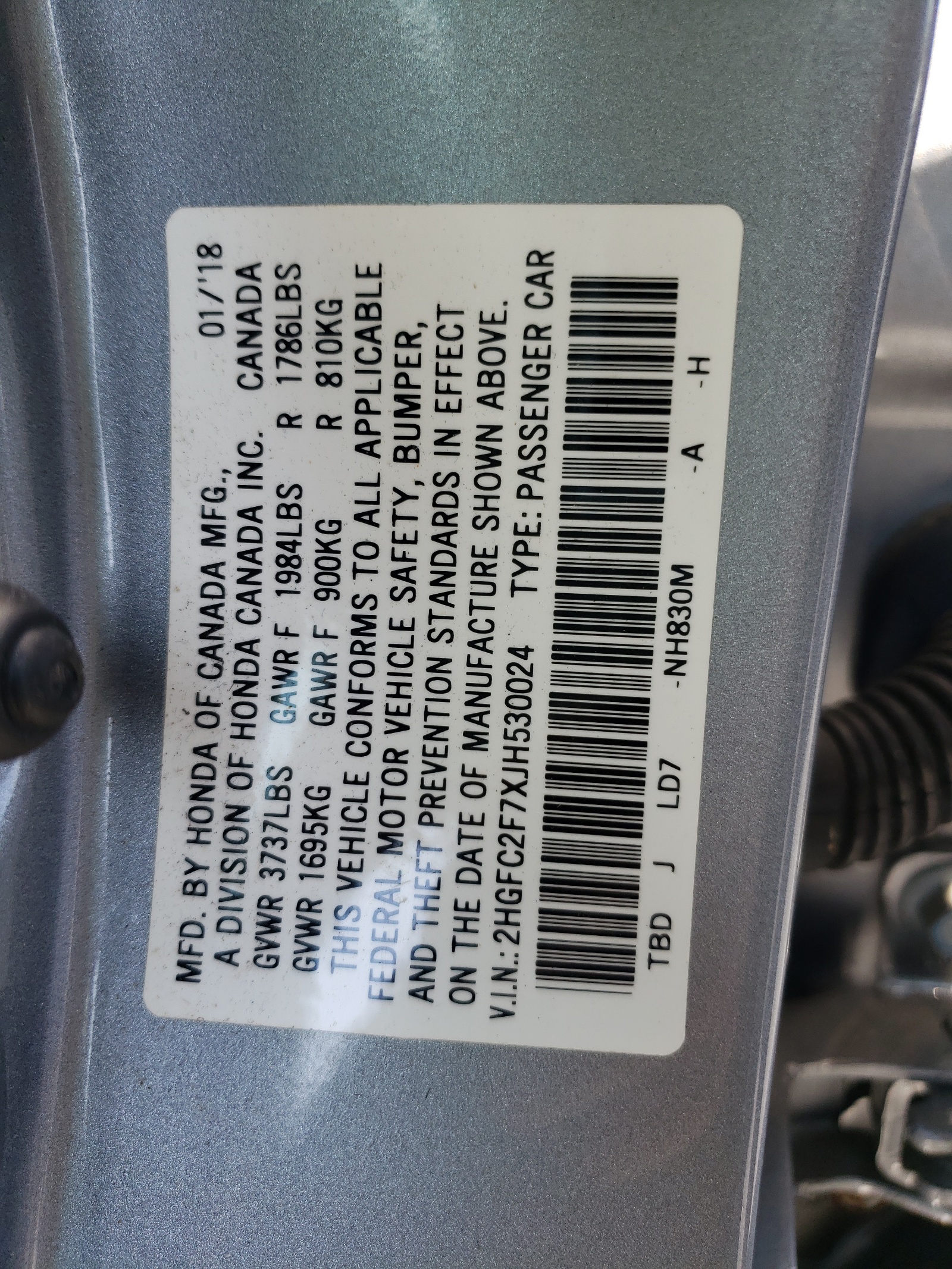Photo 10 from auction – 2018 HONDA CIVIC EX with VIN 2HGFC2F7XJH530024