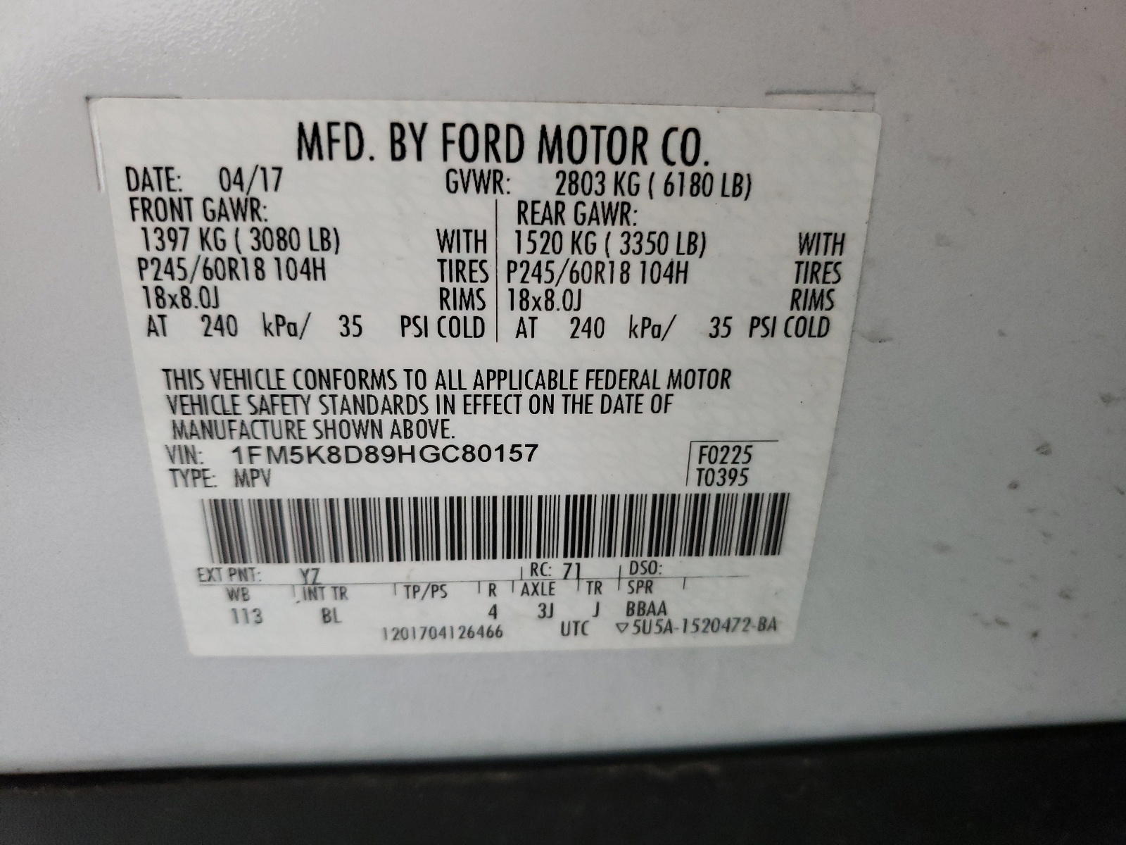 Photo 10 from auction – 2017 FORD EXPLORER X with VIN 1FM5K8D89HGC80157