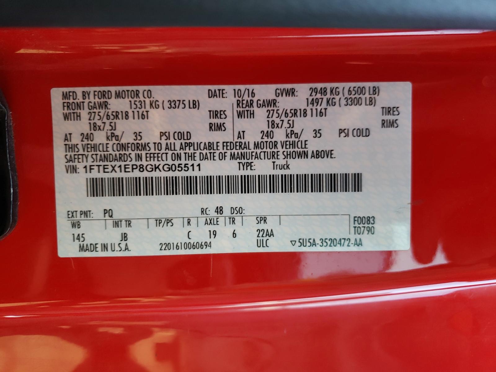 Photo 10 from auction – 2016 FORD F150 SUPER with VIN 1FTEX1EP8GKG05511