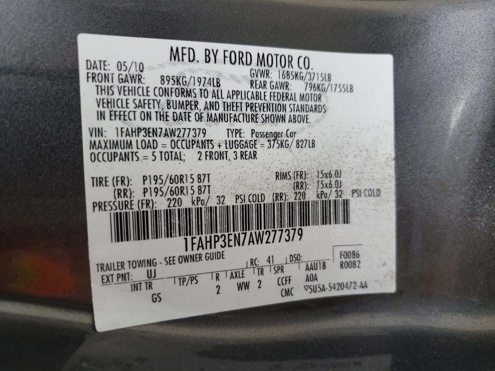 Photo 10 from auction – 2010 FORD FOCUS S with VIN 1FAHP3EN7AW277379