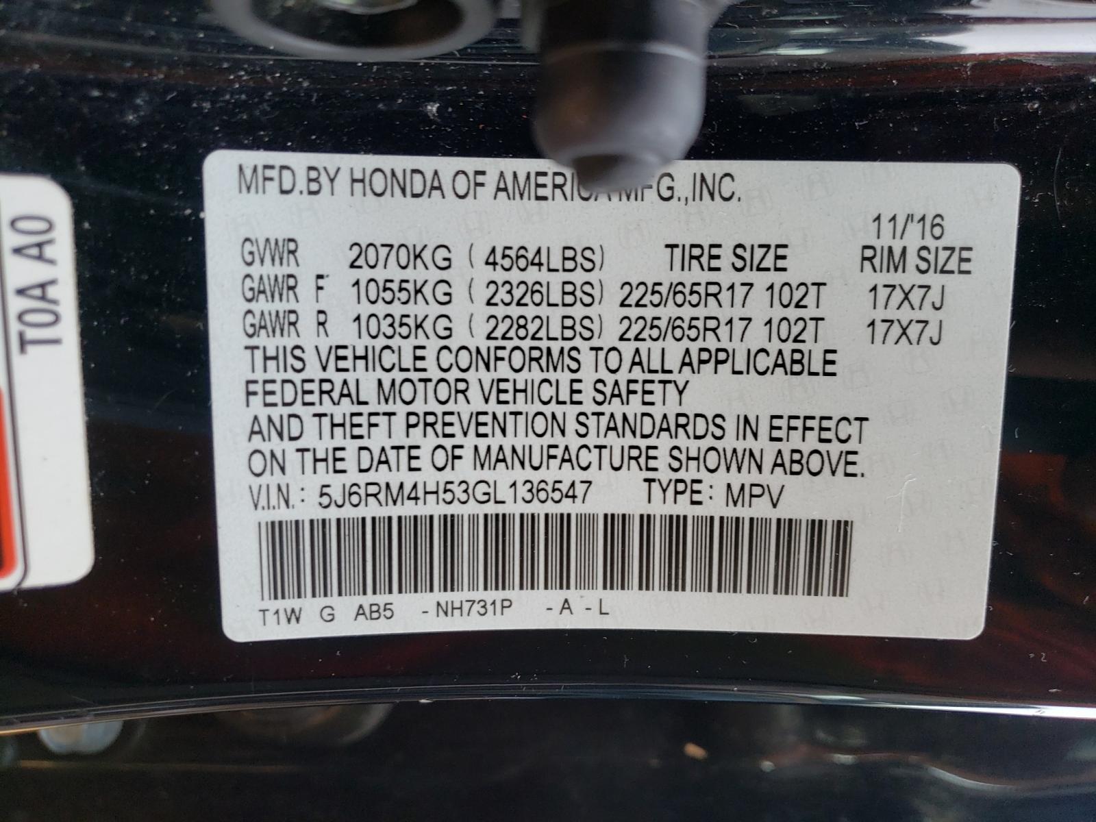 Photo 10 from auction – 2016 HONDA CR-V EX with VIN 5J6RM4H53GL136547