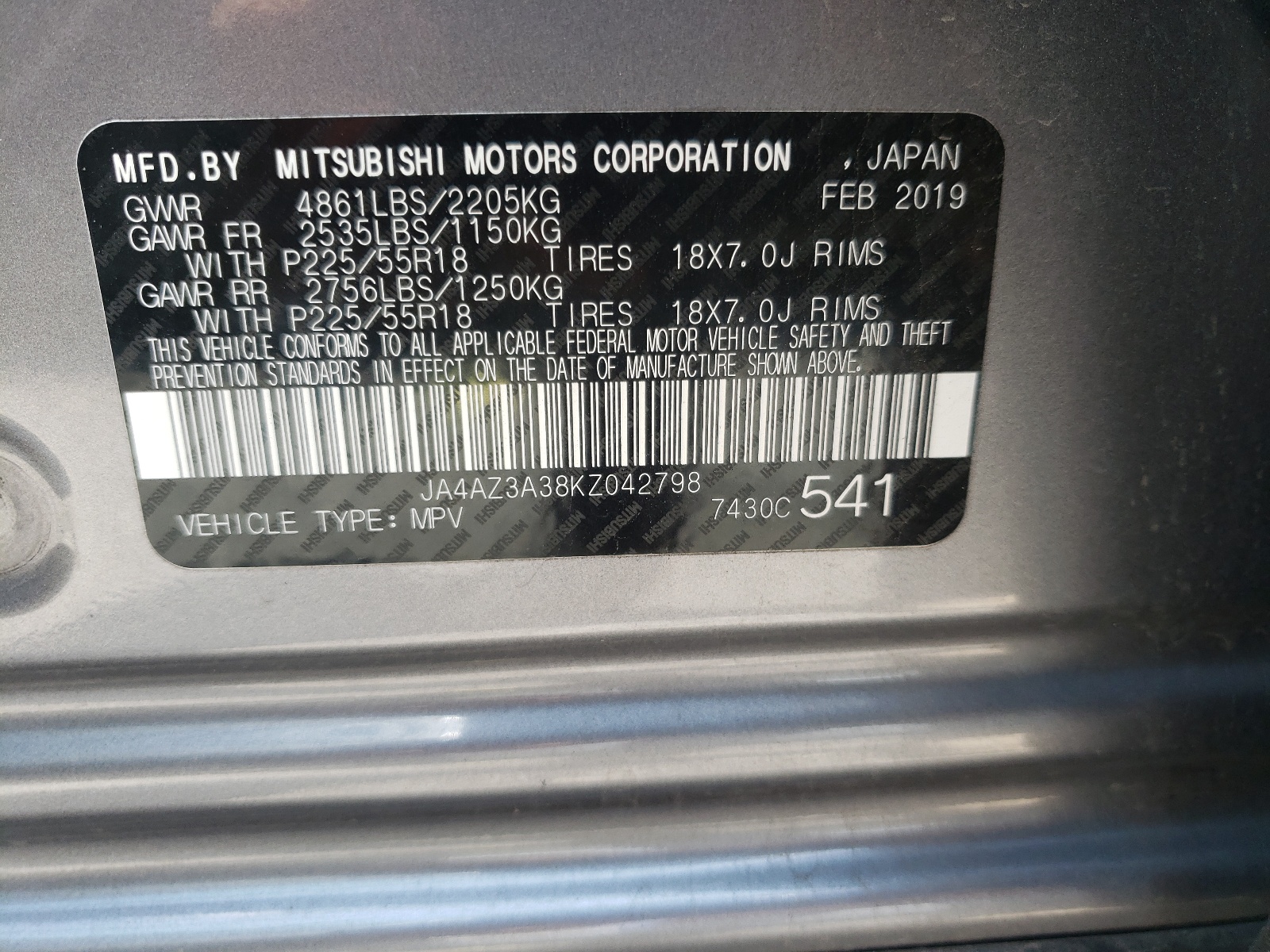Photo 10 from auction – 2019 MITSUBISHI OUTLANDER with VIN JA4AZ3A38KZ042798