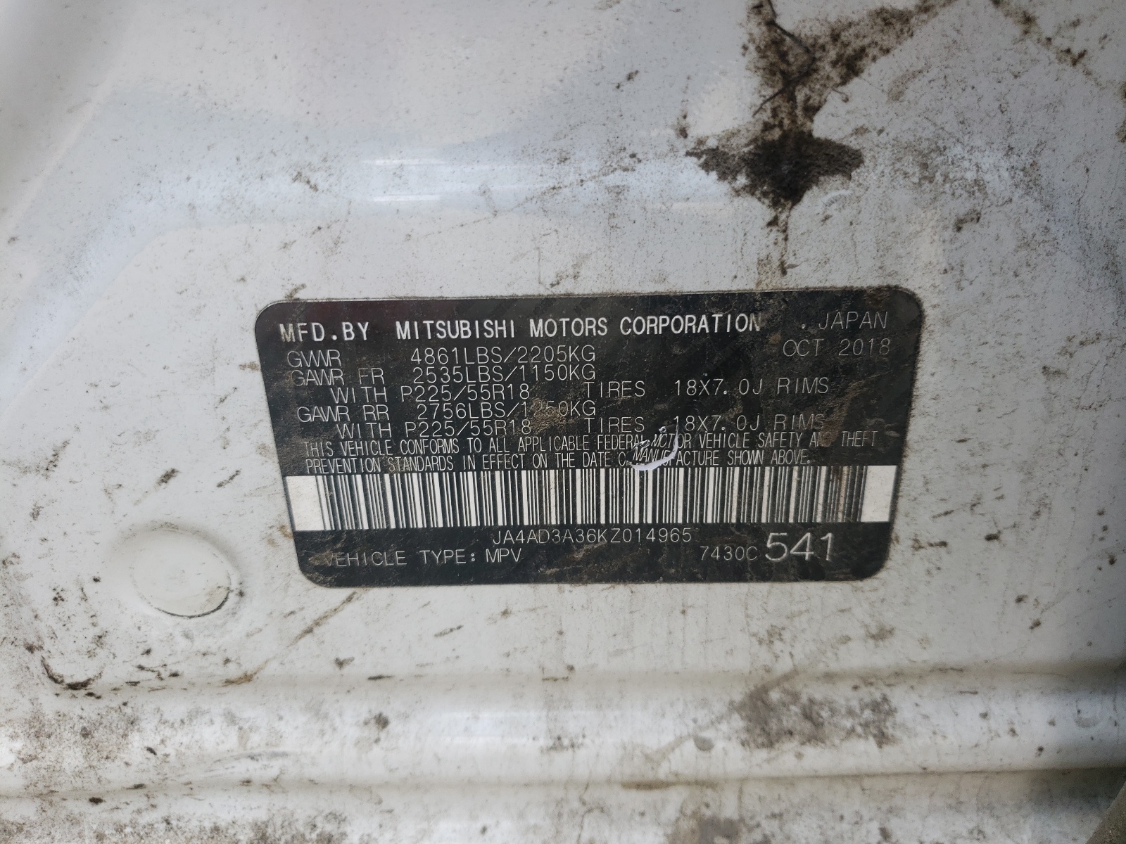 Photo 10 from auction – 2019 MITSUBISHI OUTLANDER with VIN JA4AD3A36KZ014965