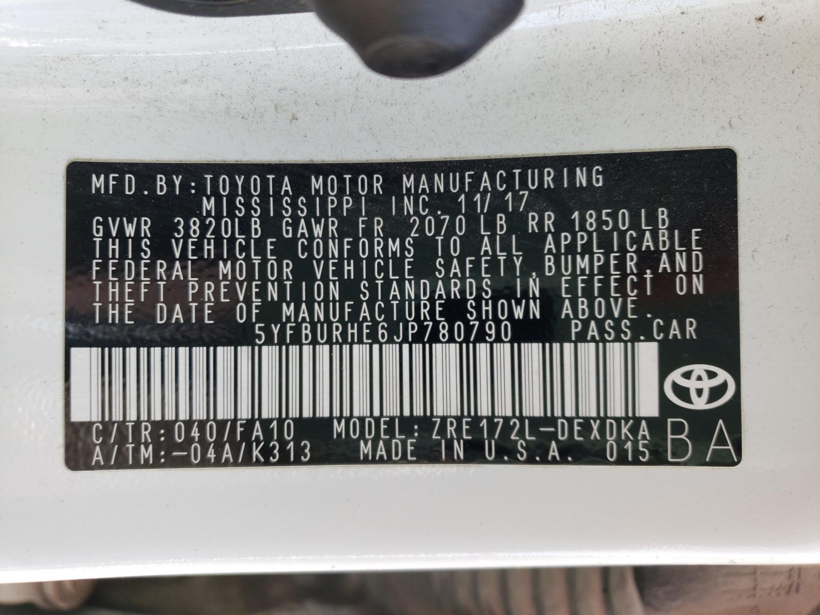 Photo 10 from auction – 2018 TOYOTA COROLLA L with VIN 5YFBURHE6JP780790