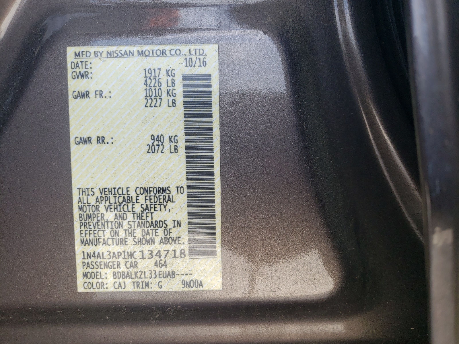 Photo 10 from auction – 2017 NISSAN ALTIMA 2.5 with VIN 1N4AL3AP1HC134718