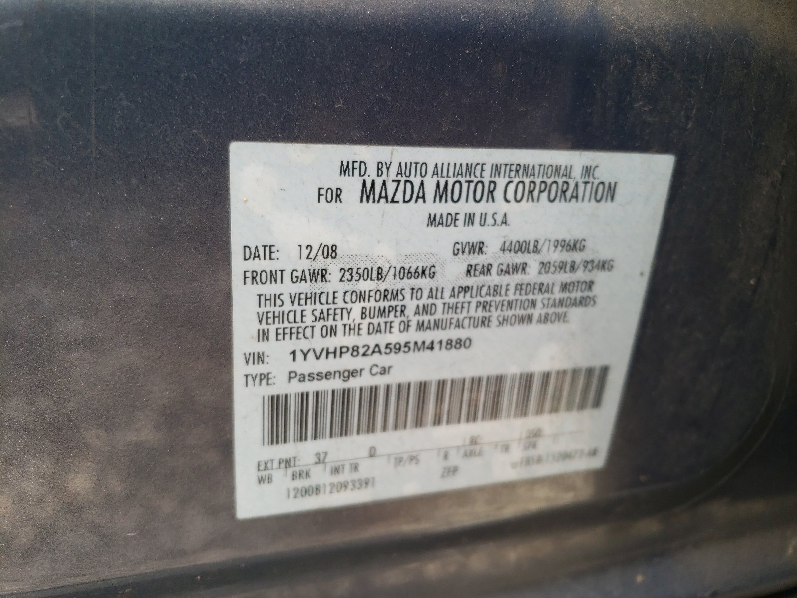 Foto 10 de la subasta – 2009 MAZDA 6 I con VIN 1YVHP82A595M41880