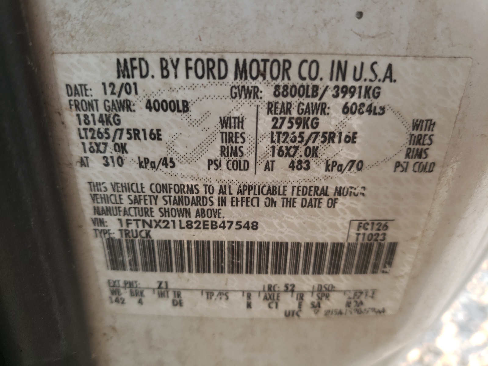Photo 10 from auction – 2002 FORD F250 SUPER with VIN 1FTNX21L82EB47548