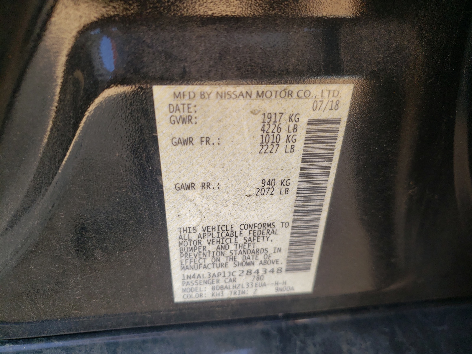 Photo 10 from auction – 2018 NISSAN ALTIMA 2.5 with VIN 1N4AL3AP1JC284348