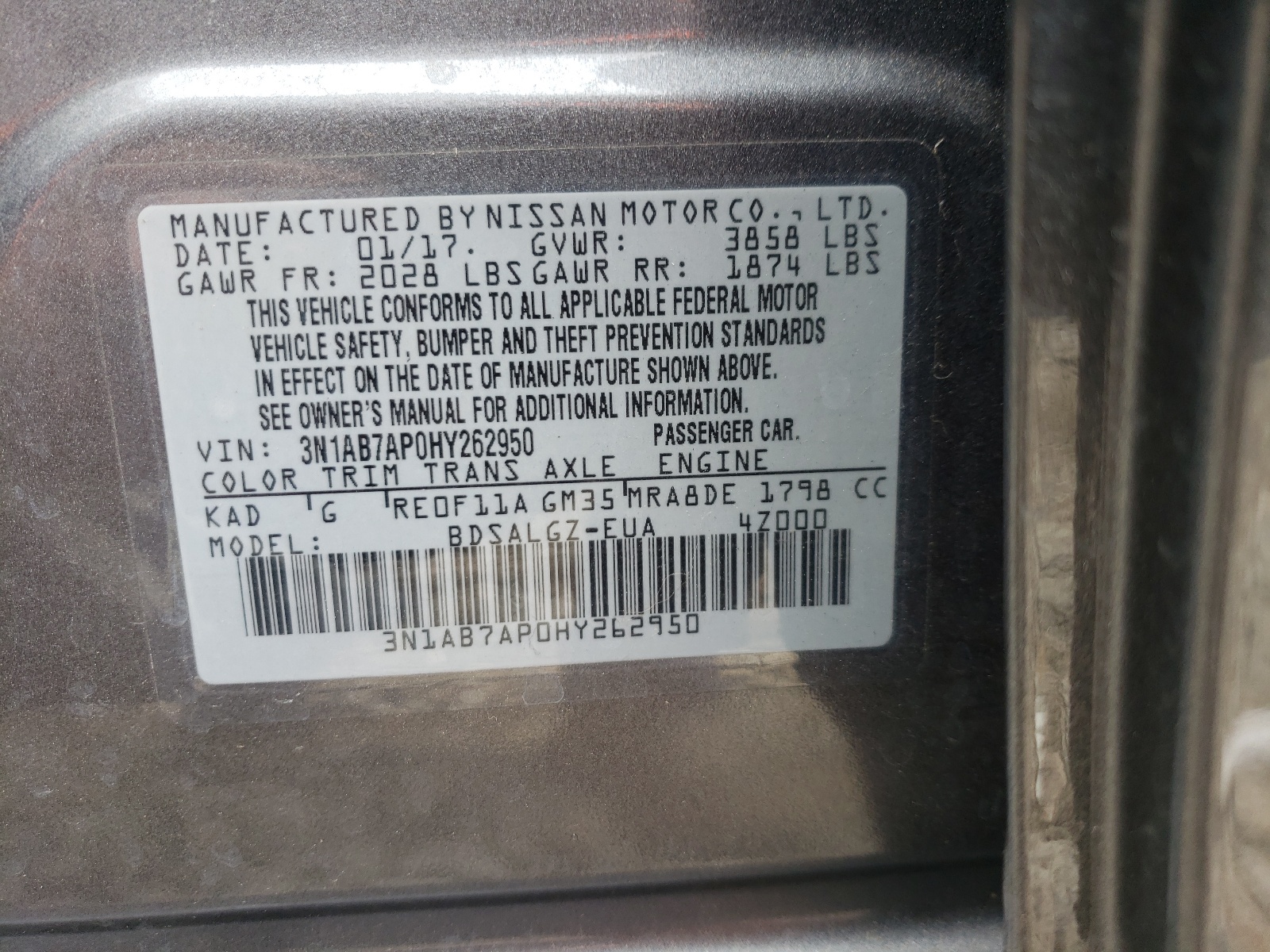Photo 10 from auction – 2017 NISSAN SENTRA S with VIN 3N1AB7AP0HY262950