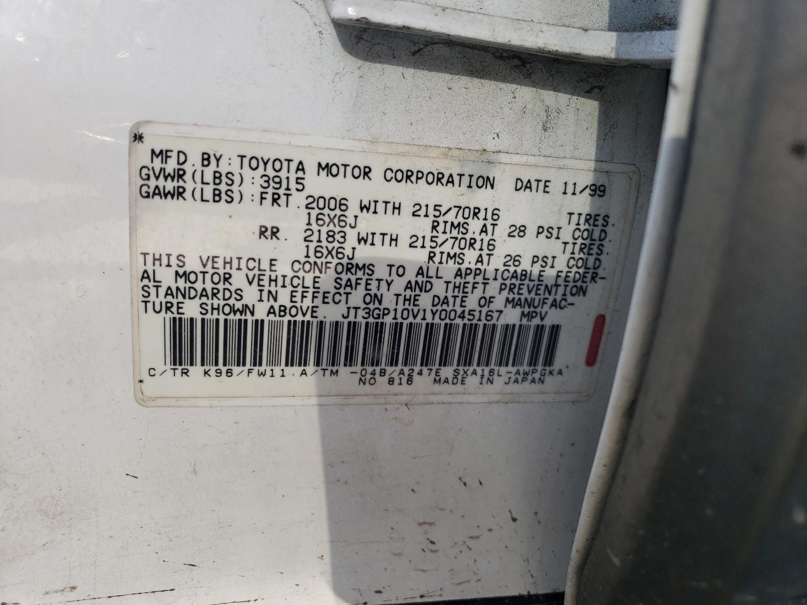 Photo 10 from auction – 2000 TOYOTA RAV4 with VIN JT3GP10V1Y0045167