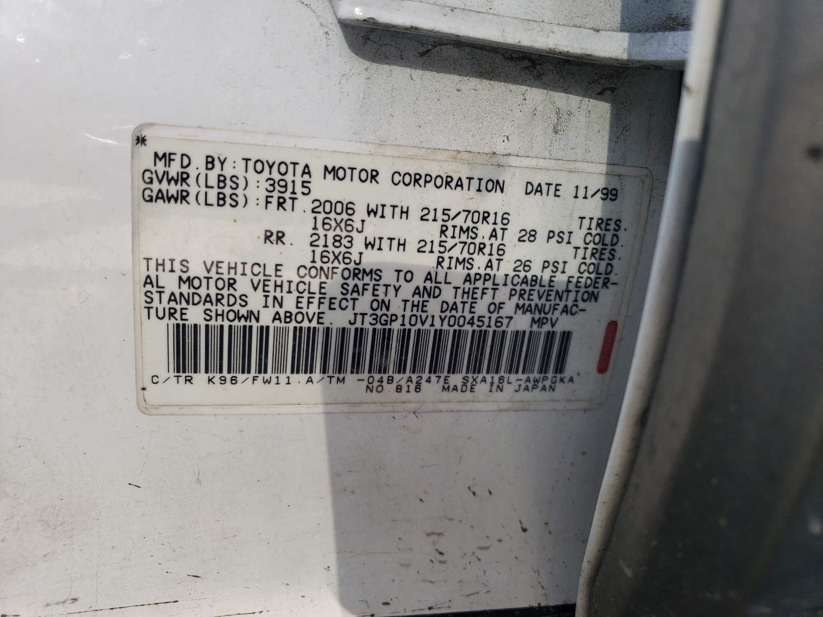 Zdjęcie 10 z aukcji – 2000 TOYOTA RAV4 z VIN JT3GP10V1Y0045167