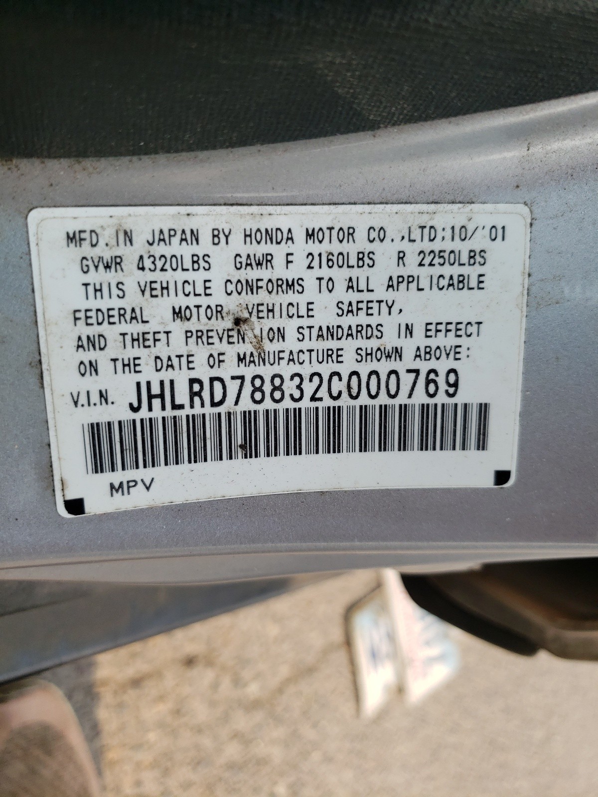 Photo 10 from auction – 2002 HONDA CR-V EX with VIN JHLRD78832C000769