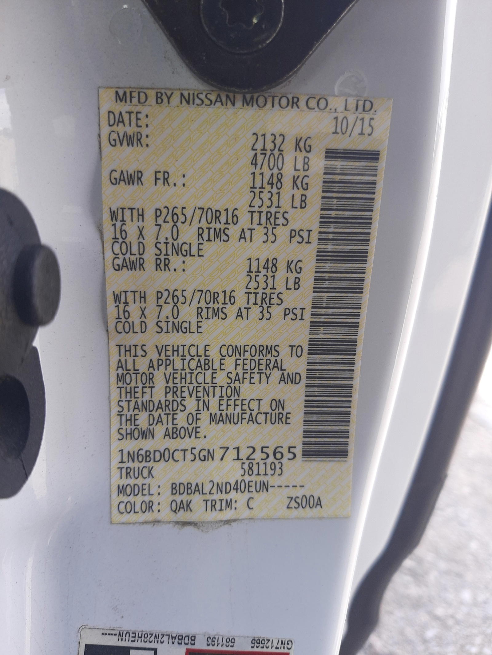 Photo 10 from auction – 2016 NISSAN FRONTIER S with VIN 1N6BD0CT5GN712565