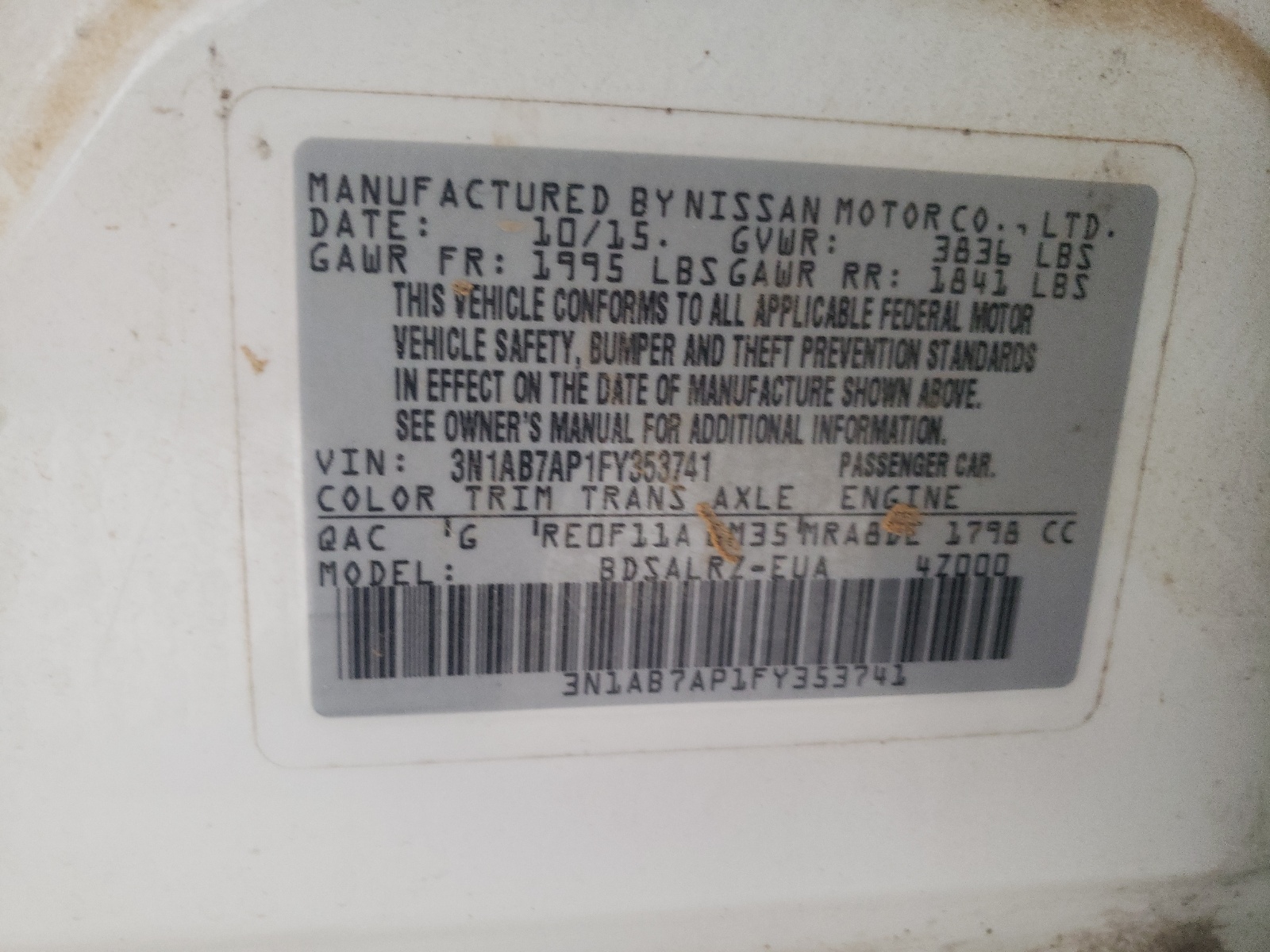 Photo 10 from auction – 2015 NISSAN SENTRA S with VIN 3N1AB7AP1FY353741