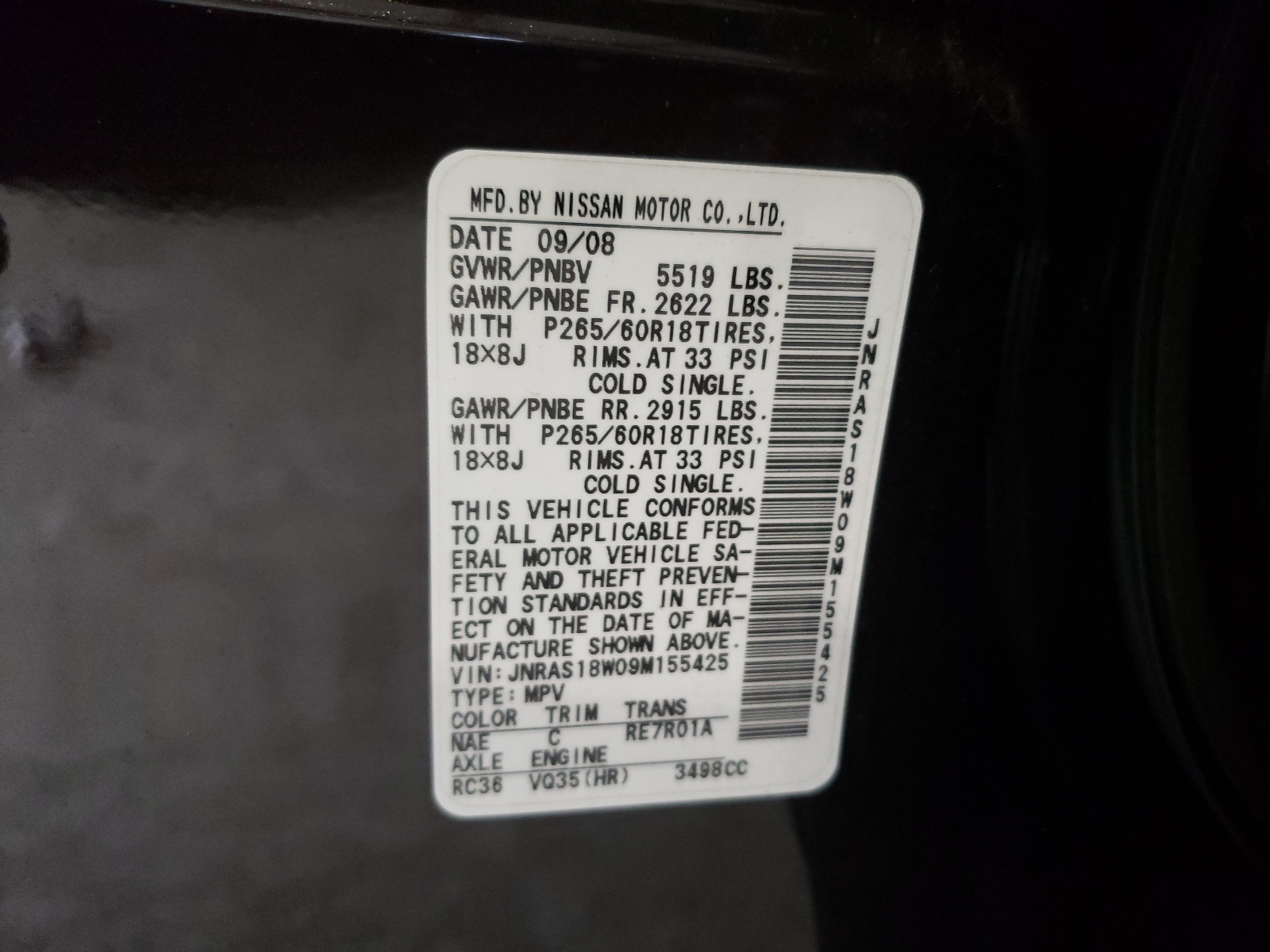 Photo 10 from auction – 2009 INFINITI FX35 with VIN JNRAS18W09M155425
