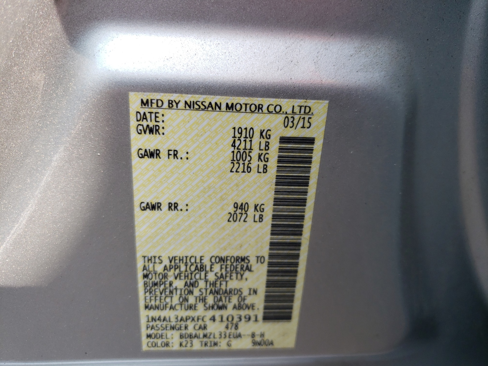 Photo 10 from auction – 2015 NISSAN ALTIMA 2.5 with VIN 1N4AL3APXFC410391