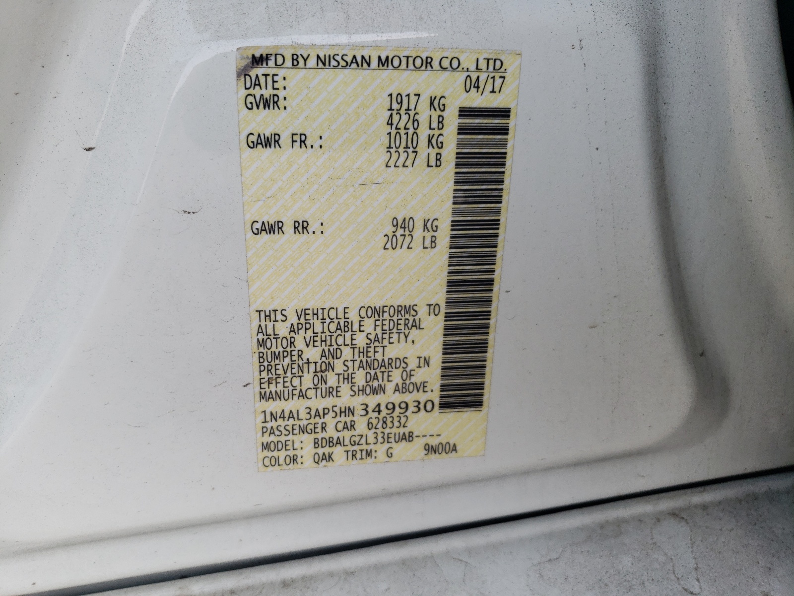 Photo 10 from auction – 2017 NISSAN ALTIMA 2.5 with VIN 1N4AL3AP5HN349930