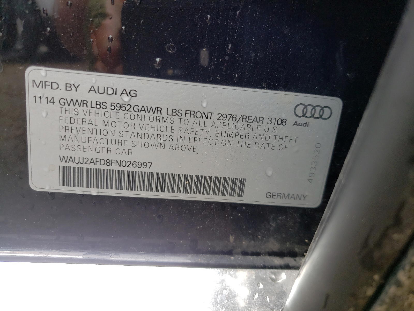 Photo 10 from auction – 2015 AUDI A8 QUATTRO with VIN WAUJ2AFD8FN026997