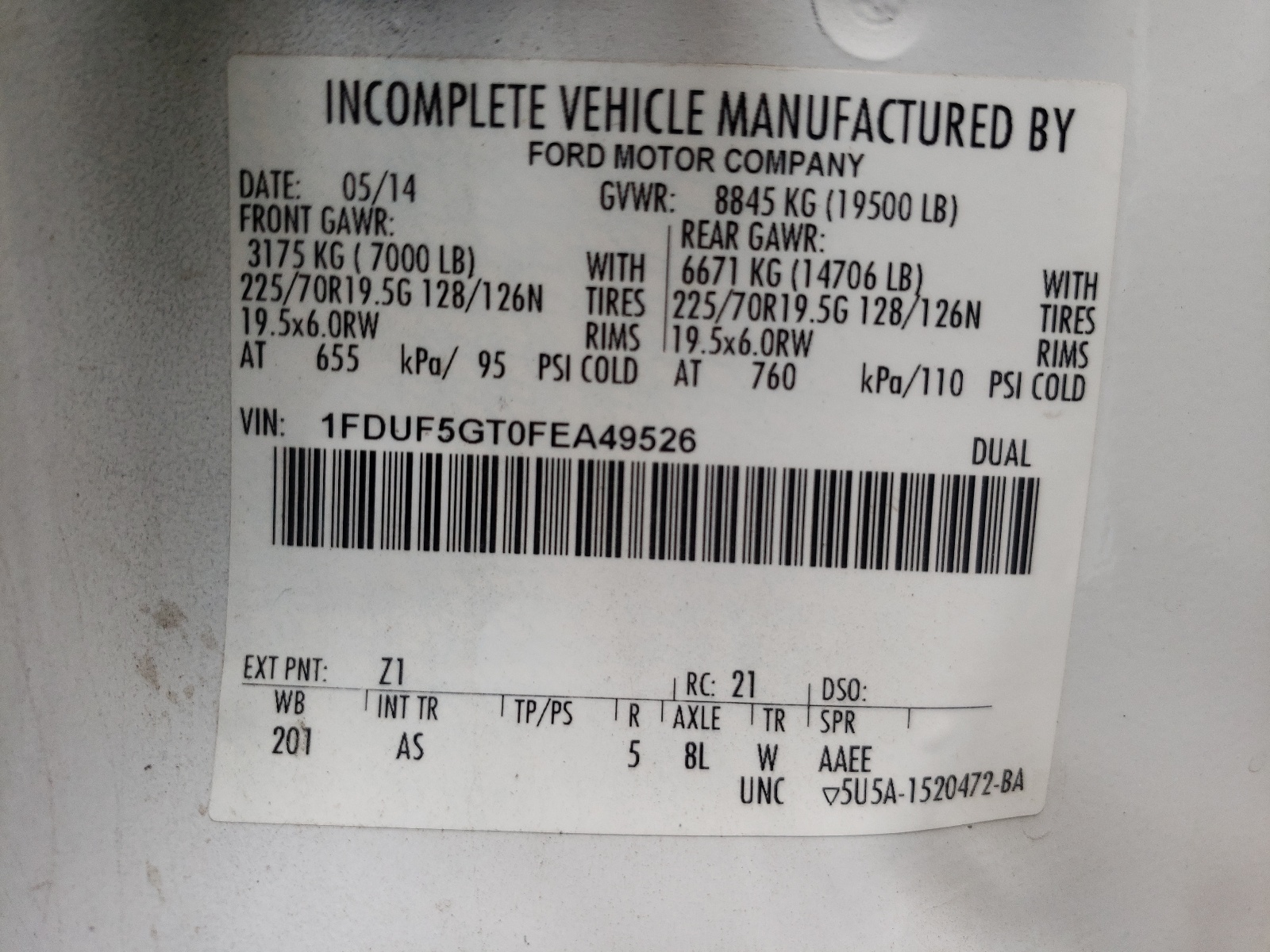 Photo 10 from auction – 2015 FORD F550 SUPER with VIN 1FDUF5GT0FEA49526