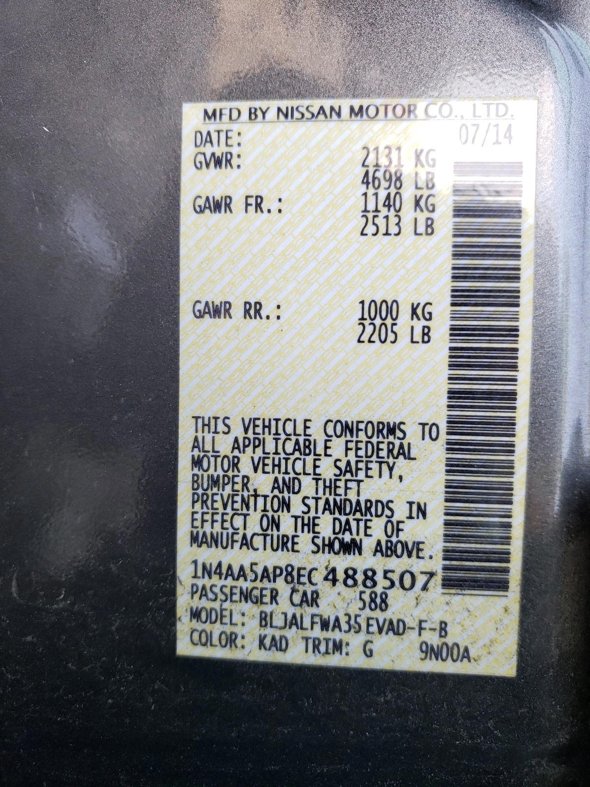 Photo 10 from auction – 2014 NISSAN MAXIMA S with VIN 1N4AA5AP8EC488507