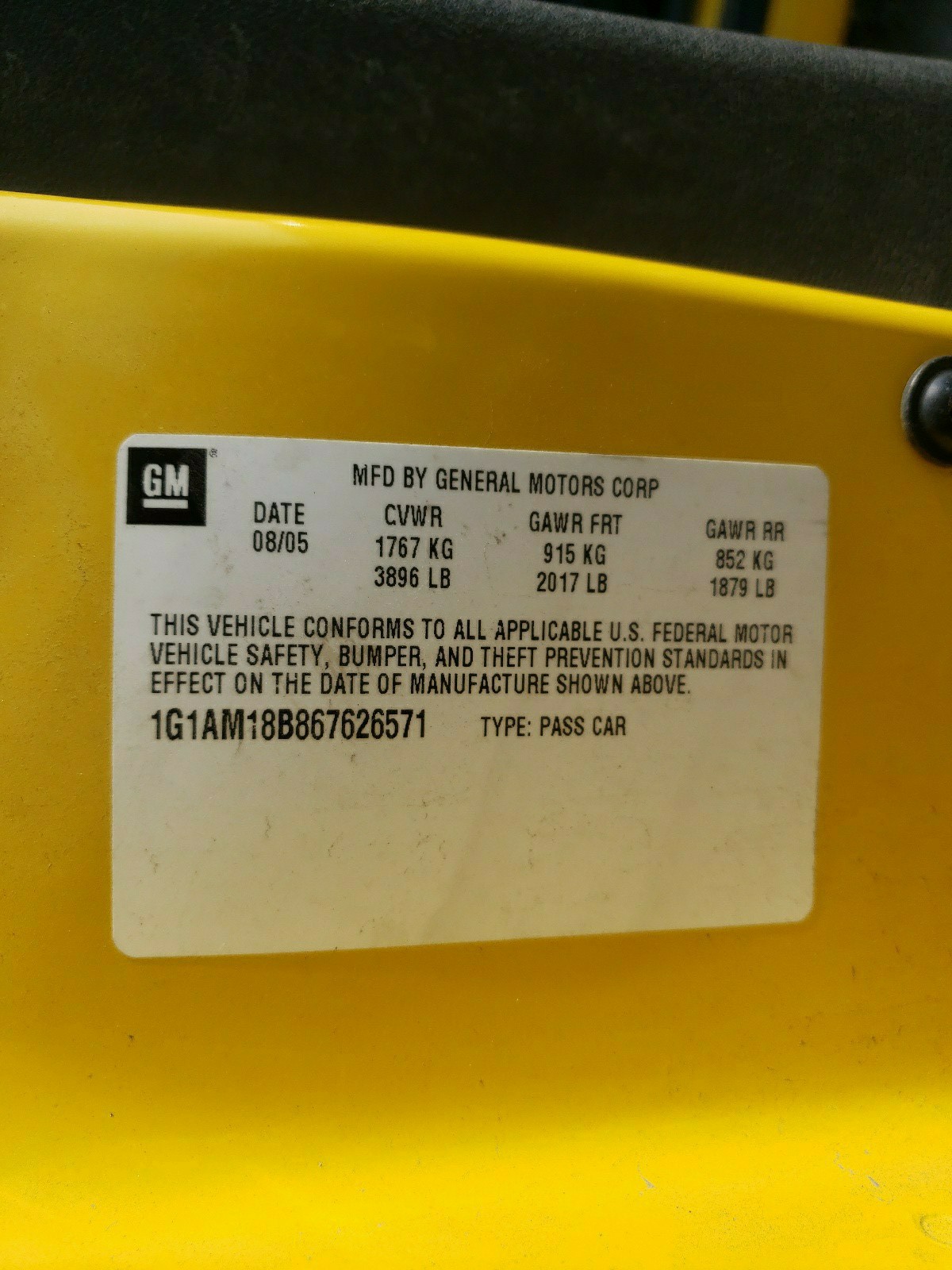 Photo 10 from auction – 2006 CHEVROLET COBALT with VIN 1G1AM18B867626571