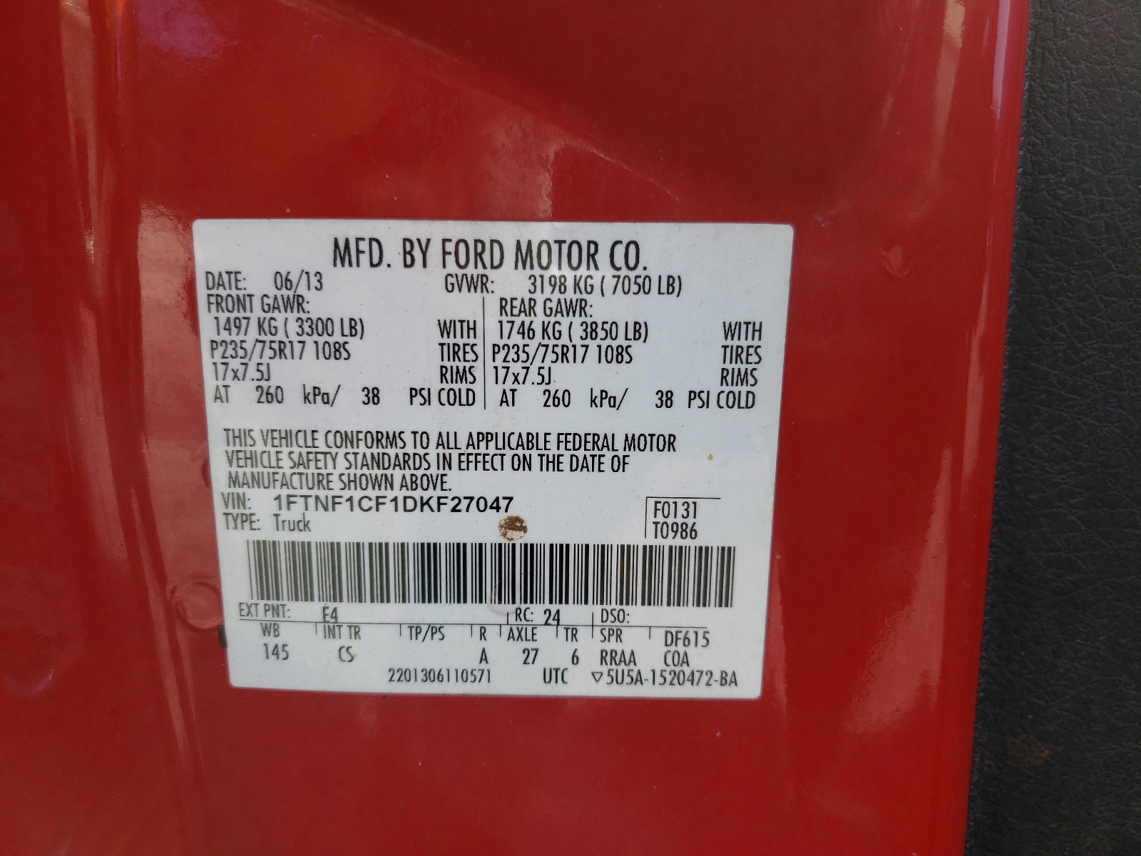 Photo 10 from auction – 2013 FORD F150 with VIN 1FTNF1CF1DKF27047