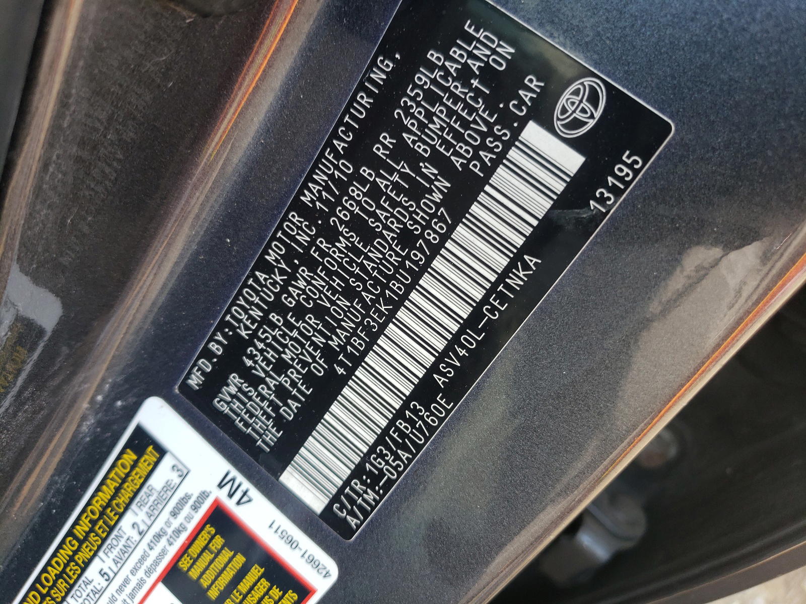 Photo 10 from auction – 2011 TOYOTA CAMRY BASE with VIN 4T1BF3EK1BU197867