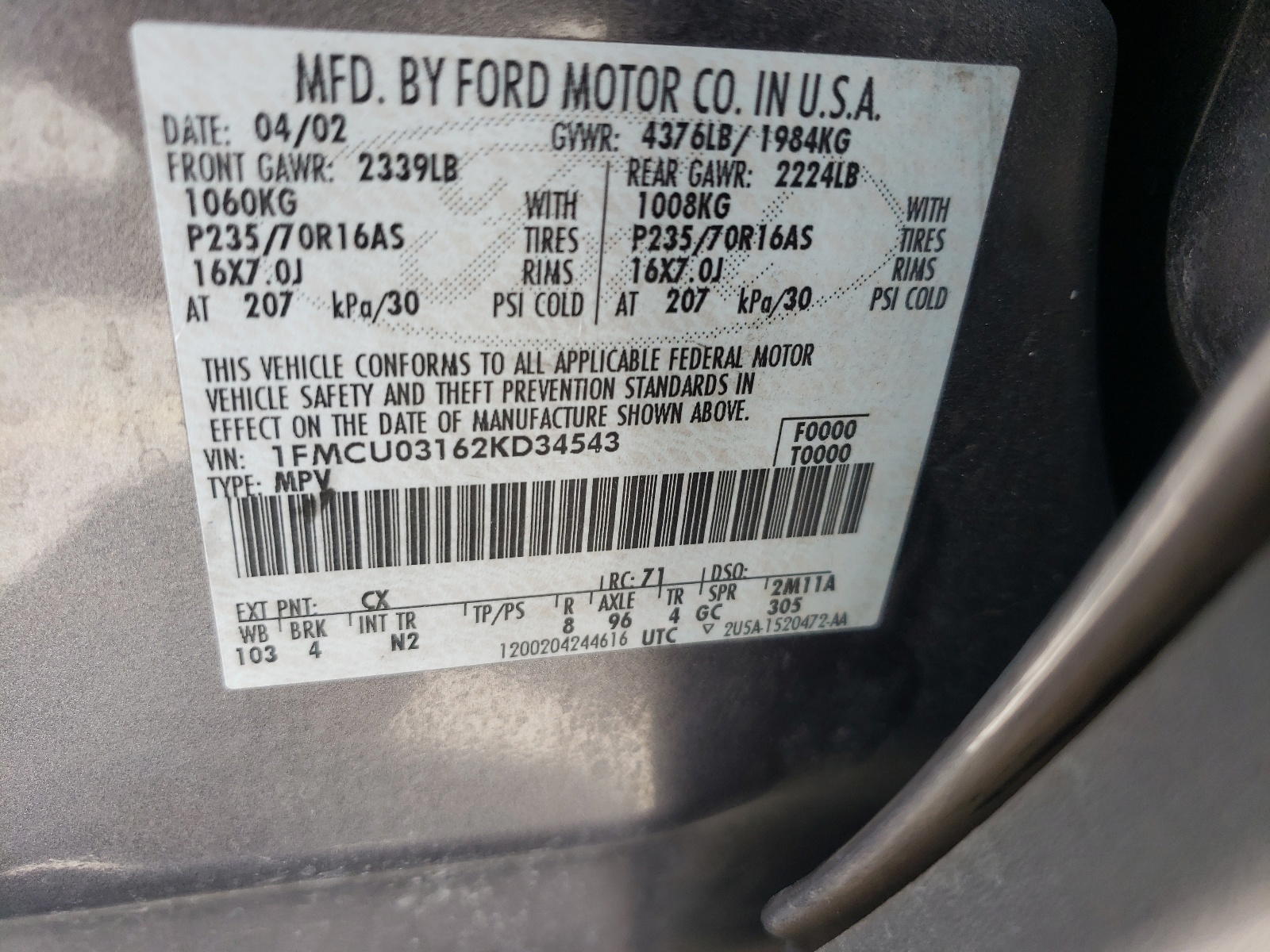 Photo 10 from auction – 2002 FORD ESCAPE XLT with VIN 1FMCU03162KD34543