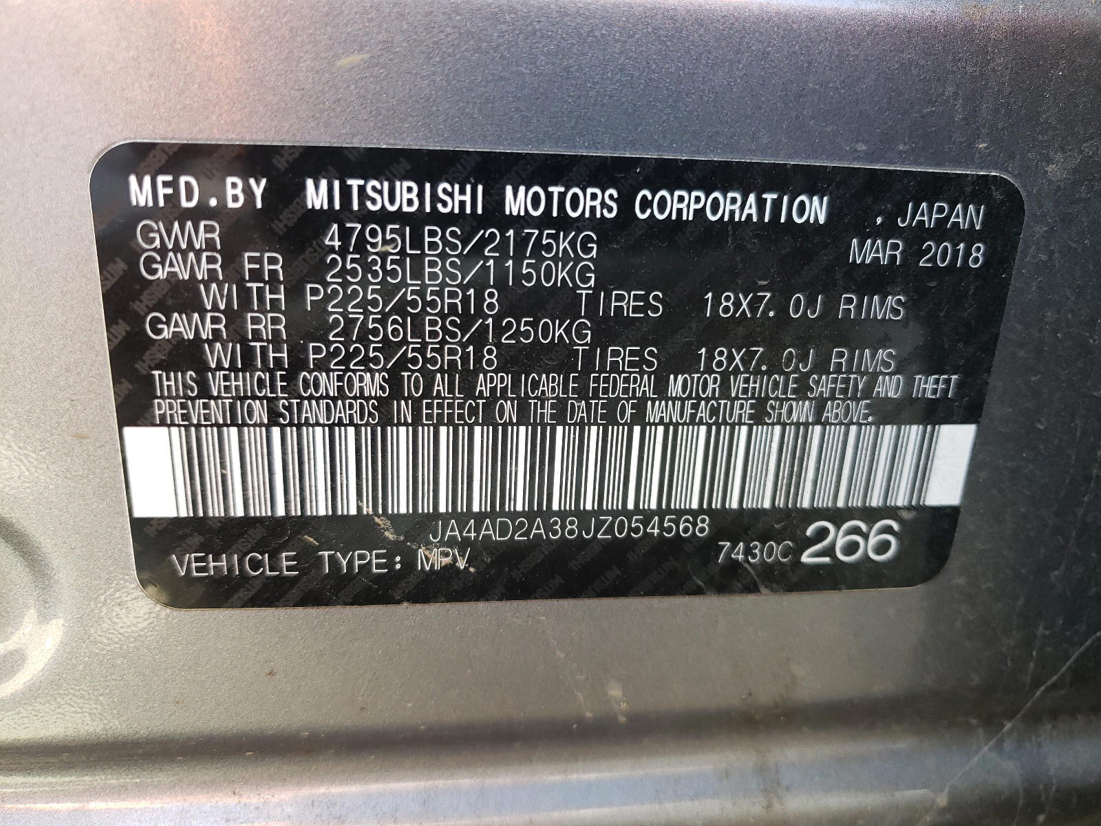 Photo 10 from auction – 2018 MITSUBISHI OUTLANDER with VIN JA4AD2A38JZ054568
