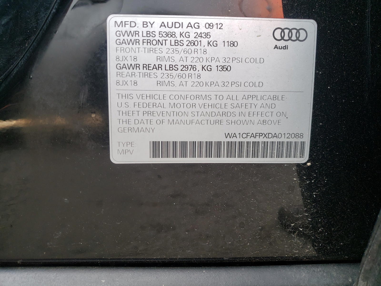 Photo 10 from auction – 2013 AUDI Q5 PREMIUM with VIN WA1CFAFPXDA012088