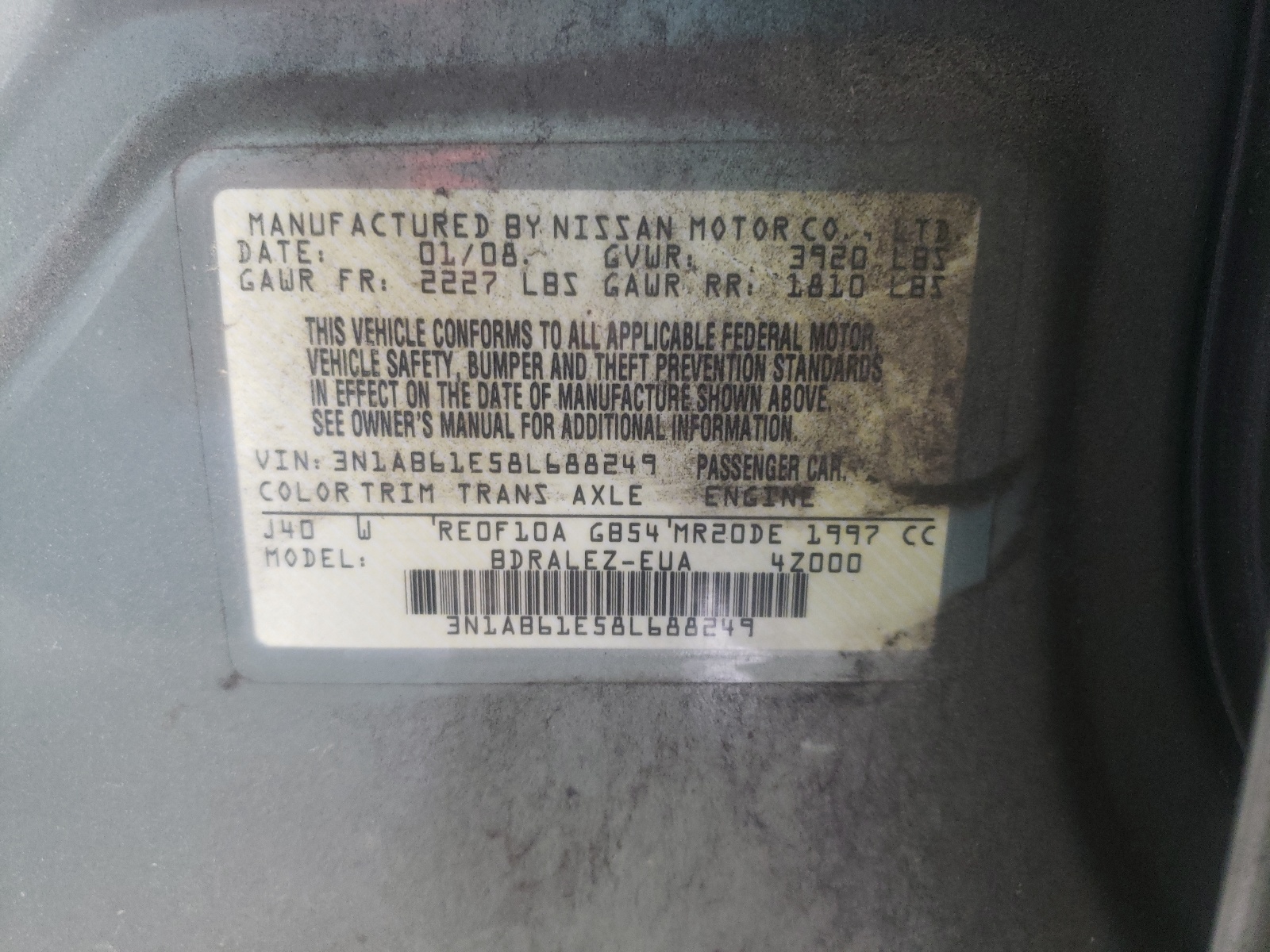 Photo 10 from auction – 2008 NISSAN SENTRA 2.0 with VIN 3N1AB61E58L688249