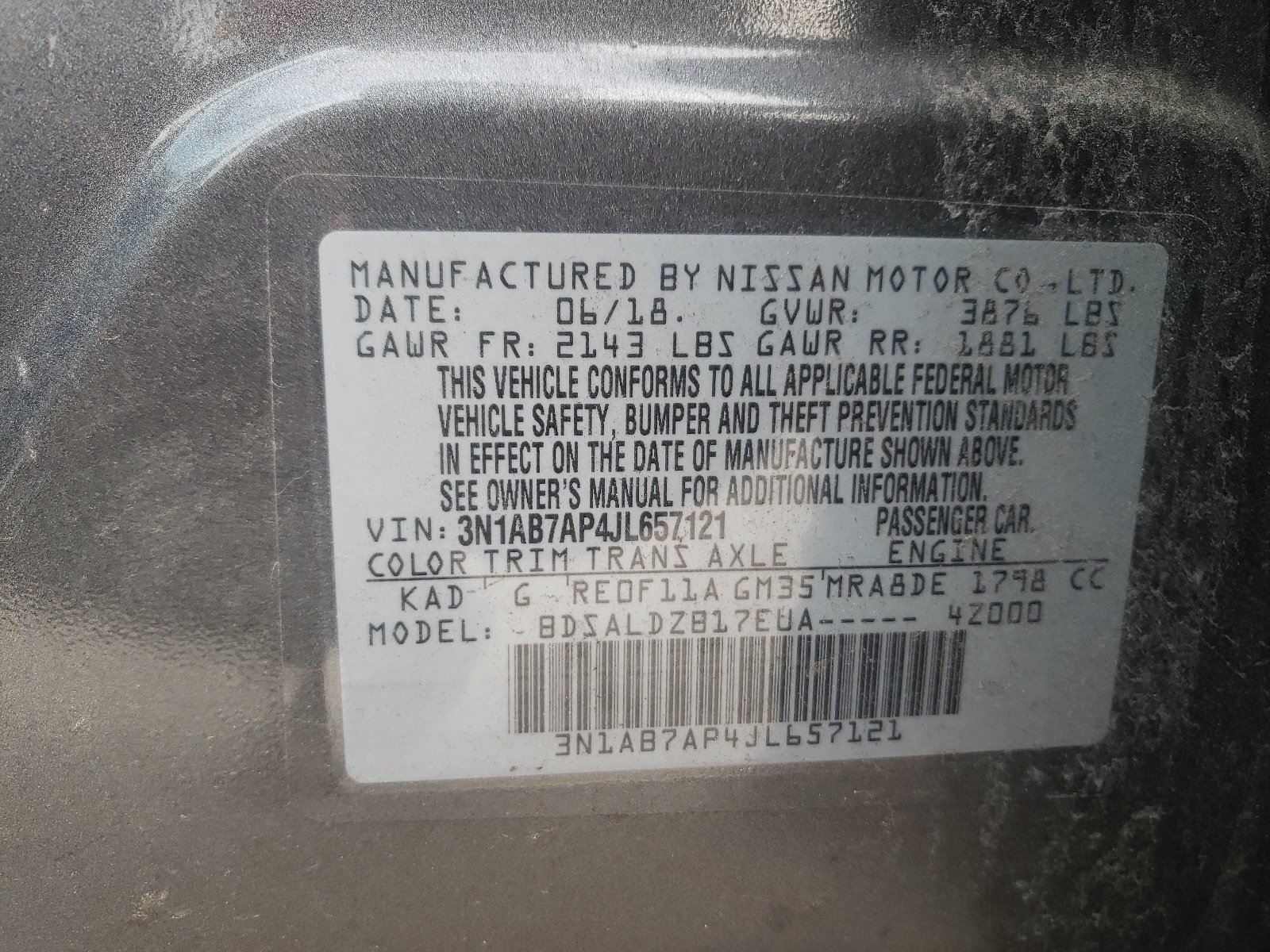 Photo 10 from auction – 2018 NISSAN SENTRA S with VIN 3N1AB7AP4JL657121