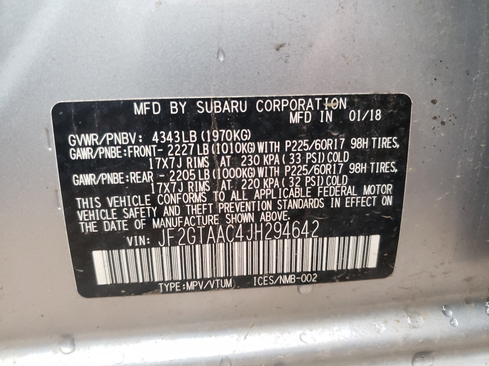 Photo 10 from auction – 2018 SUBARU CROSSTREK with VIN JF2GTAAC4JH294642
